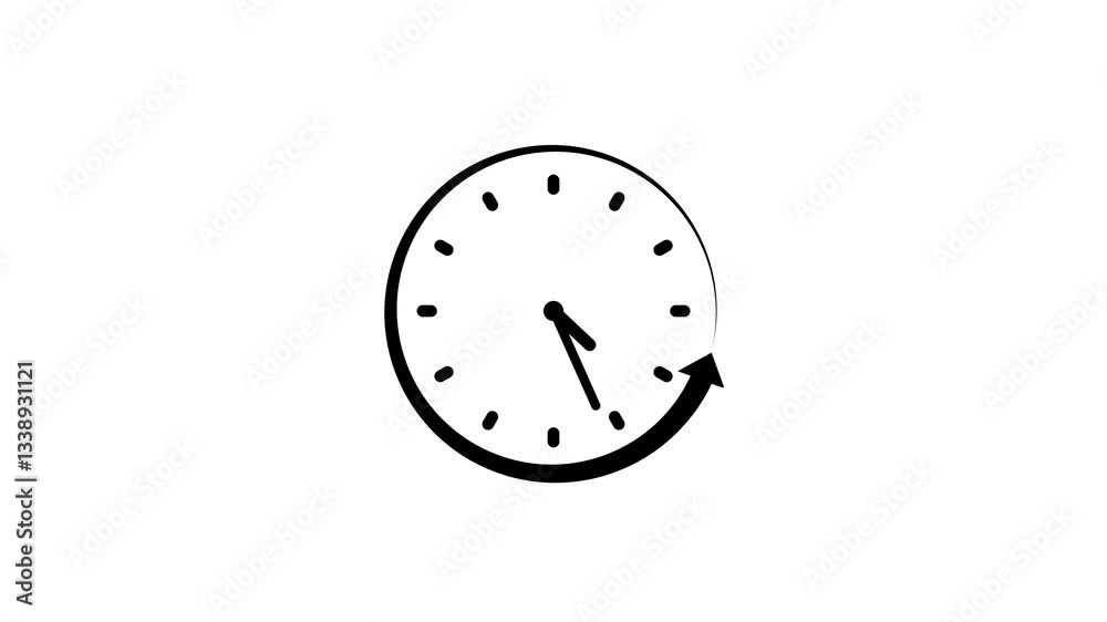 Minimalist Clock Icon Animation with Arrow, A minimalist clock animation with an arrow indicating clockwise movement on a white background