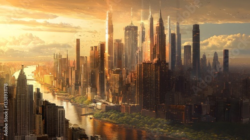 1. A timeline-style cityscape showing the transition from ancient settlements to futuristic skyscrapers
