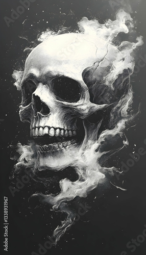 A monochrome skull engulfed in ethereal smoke against a dark background