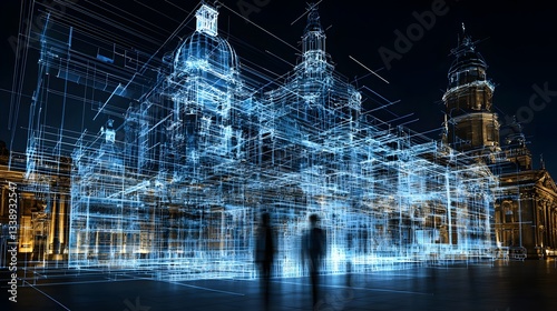12. A 3D holographic blueprint showing the future vision of an existing historic city
