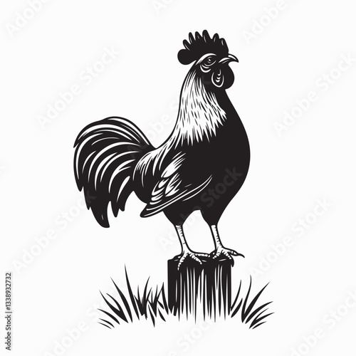 Rooster Perched Upon Farm Fence image vector isolated on white background.