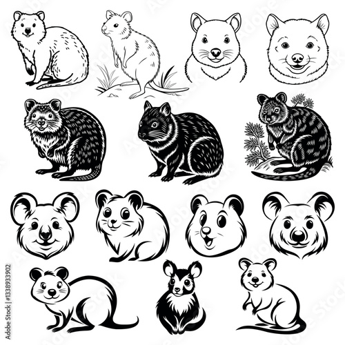 
set of black silhouettes of quokka