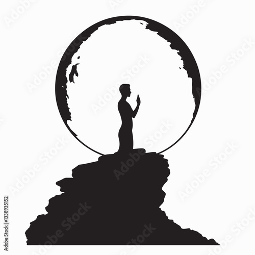 A Person Praying on a Hill Under the Full Moon in a Silhouette Vector Illustration
