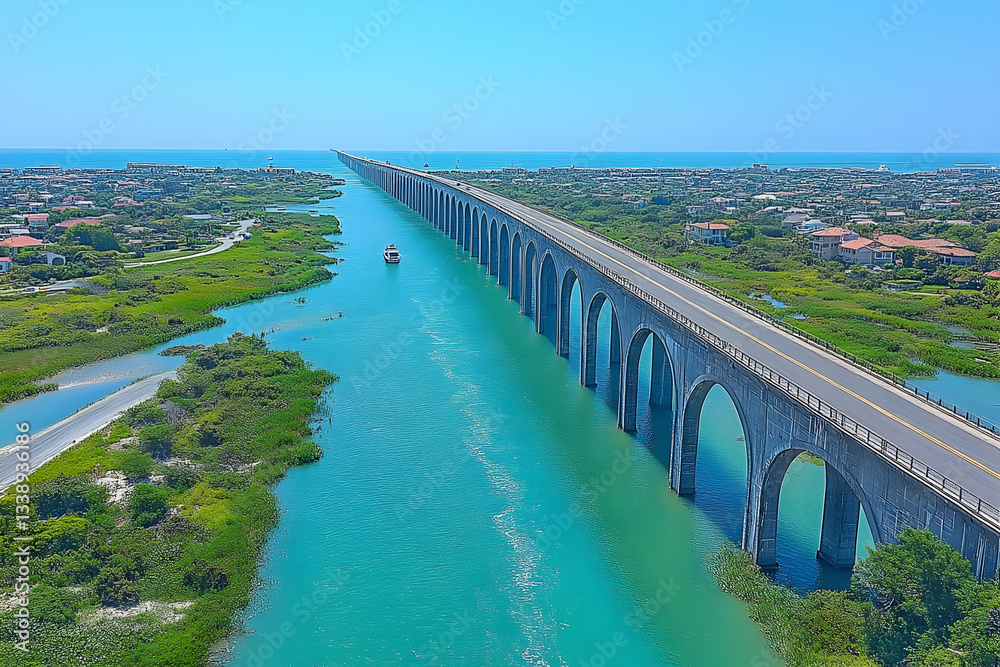 Obraz premium Aerial view of a long arched bridge over turquoise water, connecting coastal towns