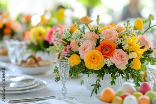 Obraz na płótnie Easter table setting decorated with colorful flowers and eggs w salonie