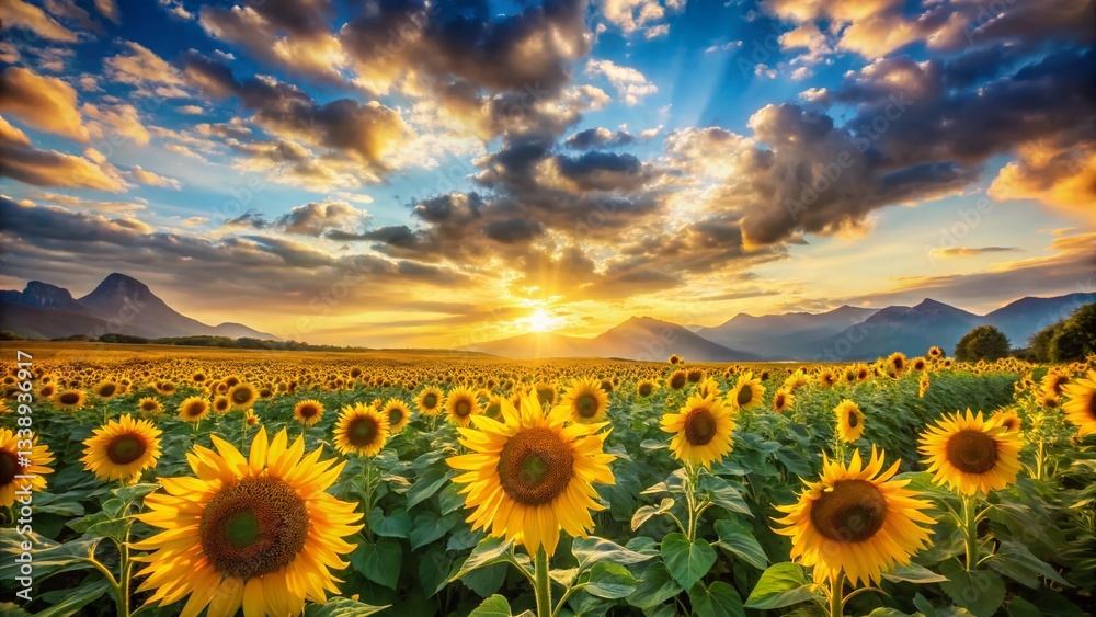Obraz premium Majestic Sunflowers Field at Dusk, Blue Sky, Fluffy Clouds, Distant Mountains - Low Light Photography