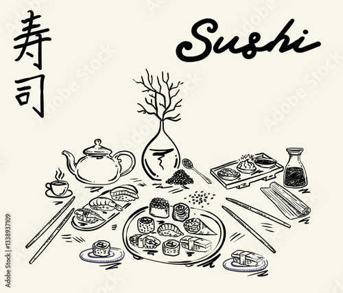 Whimsical, hand drawn style sushi table set, vector illustration
