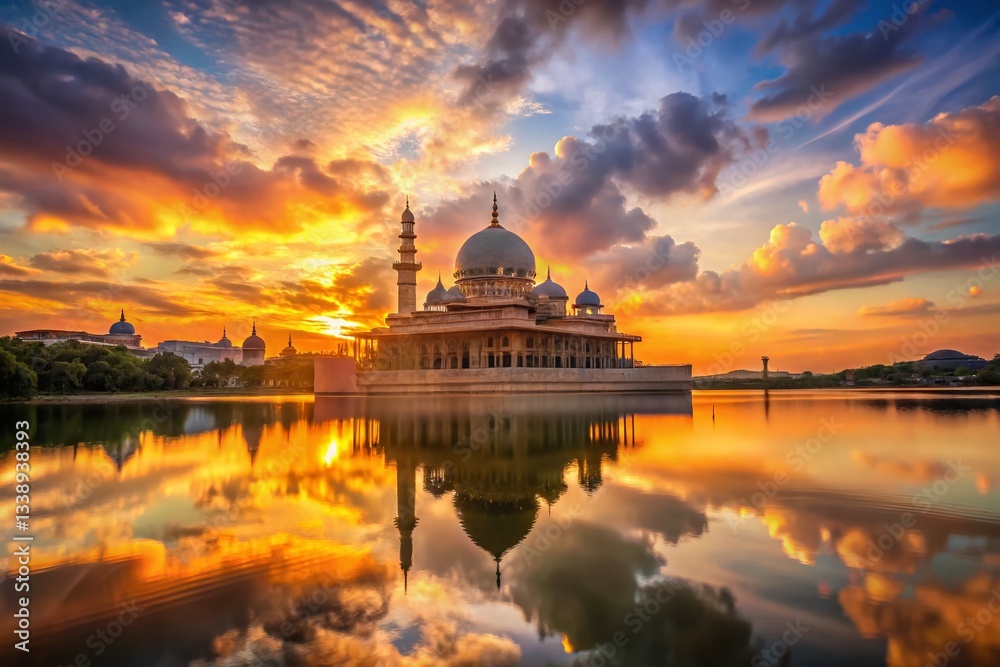 Obraz premium Majestic Putra Mosque Sunset: Double Exposure Photography of Malaysian Landmark