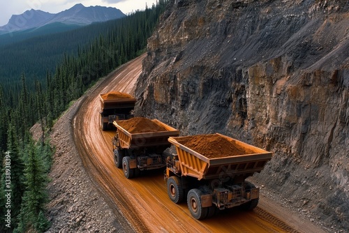 Haul trucks carrying ore in open pit mine in british columbia, canada