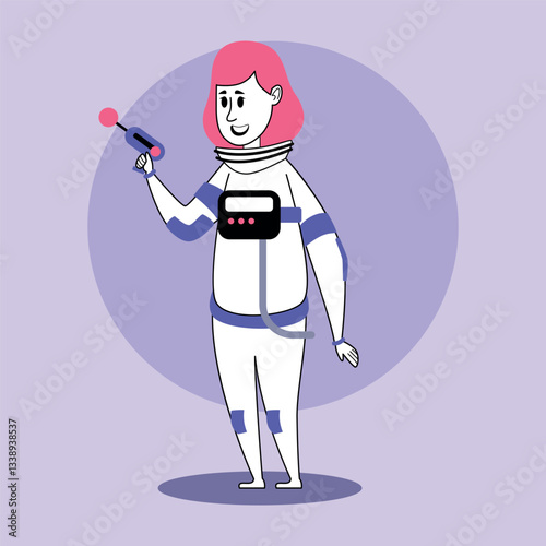 Colorful astronaut character standing confidently, holding futuristic tool. Science fiction concept