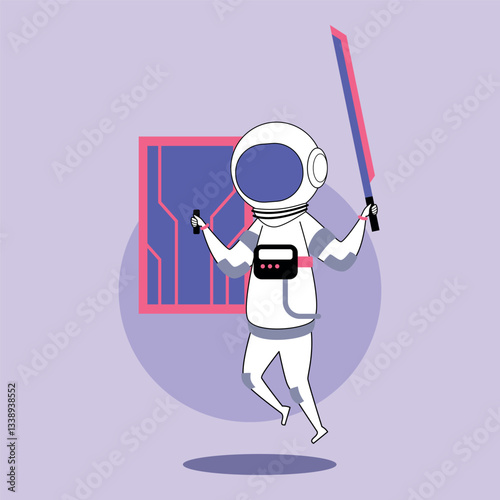 Astronaut joyfully leaping against colorful backdrop while wielding lightsaber-like weapon. Science fiction concept