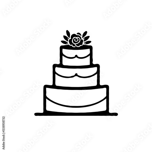 a minimalistic silhouette of a Wedding cake outline with a bold black line on a clean white background