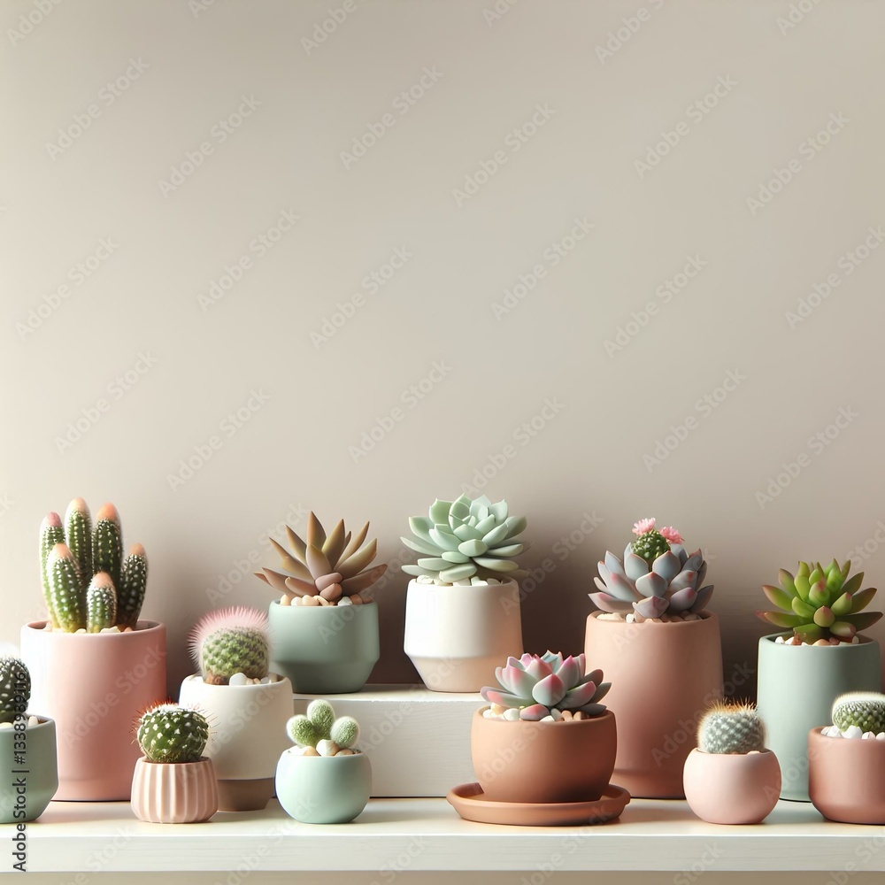 Fototapeta premium Pastel Succulents And Cacti In Minimalist Pots