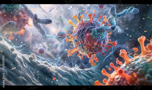 Digital illustration of antibodies attacking virus cell depicts the power of the immune system.