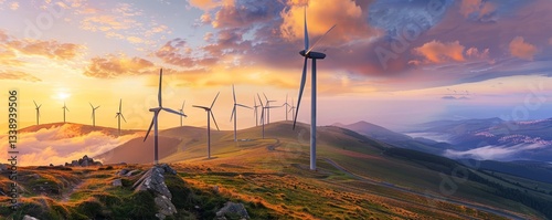 Panoramic view of wind farm set against dramatic sunset creates powerful image of renewable energy.
