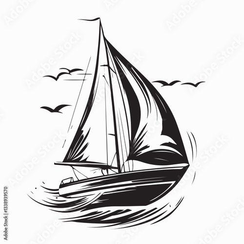 Sailing boat silhouette on waves vector image isolated on white background.