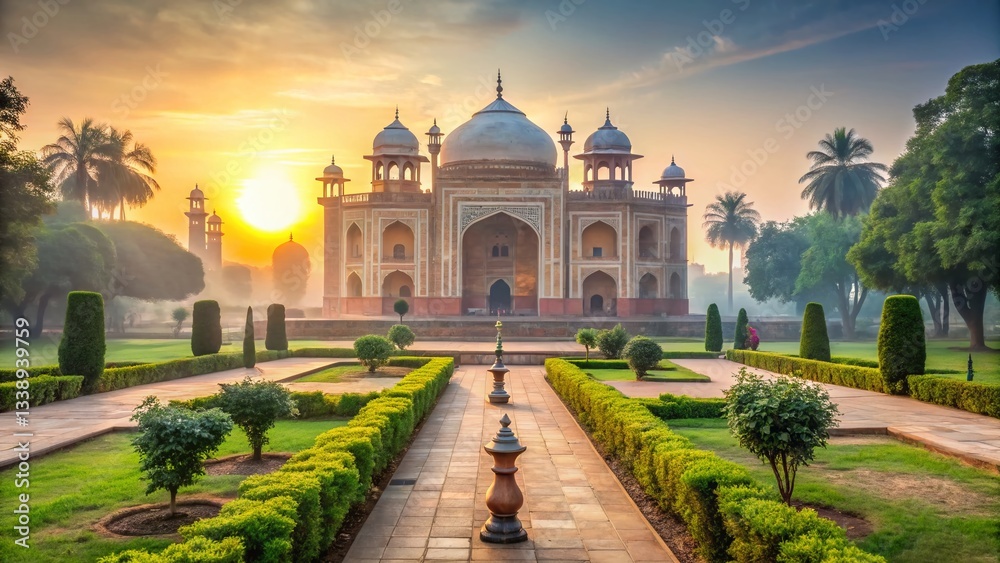 Fototapeta premium Majestic Mughal Mausoleum Sunrise: Lush Gardens & Lanterns - Minimalist Stock Photo