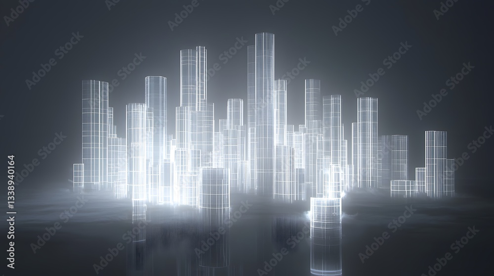 80. A futuristic skyline with evenly spaced, identical towers wrapped in soft, ambient lighting. 80. A futuristic skyline with evenly spaced, identical towers wrapped in soft, ambient lighting.