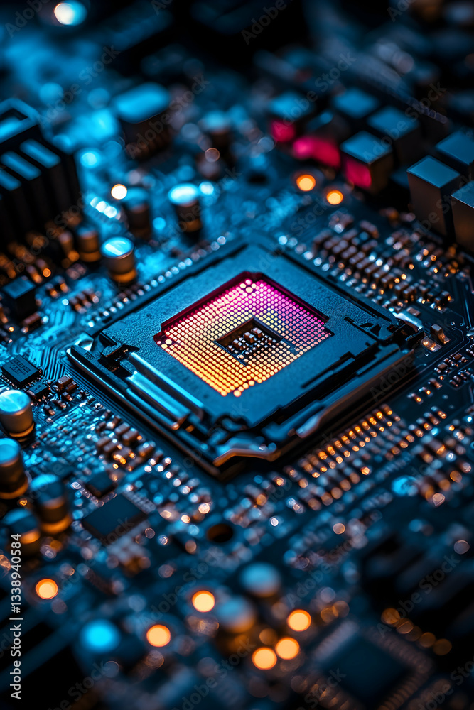Close-up of a central processing unit on a circuit board Close-up of a central processing unit on a circuit board