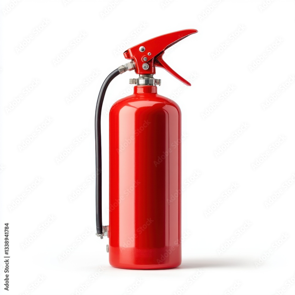 Bright Red Fire Extinguisher with a Black Hose and Nozzle for Emergency Fire Safety Equipment Use Bright Red Fire Extinguisher with a Black Hose and Nozzle for Emergency Fire Safety Equipment Use