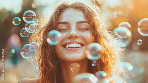 Woman smiling with eyes closed surrounded by bubbles in a sunny environment