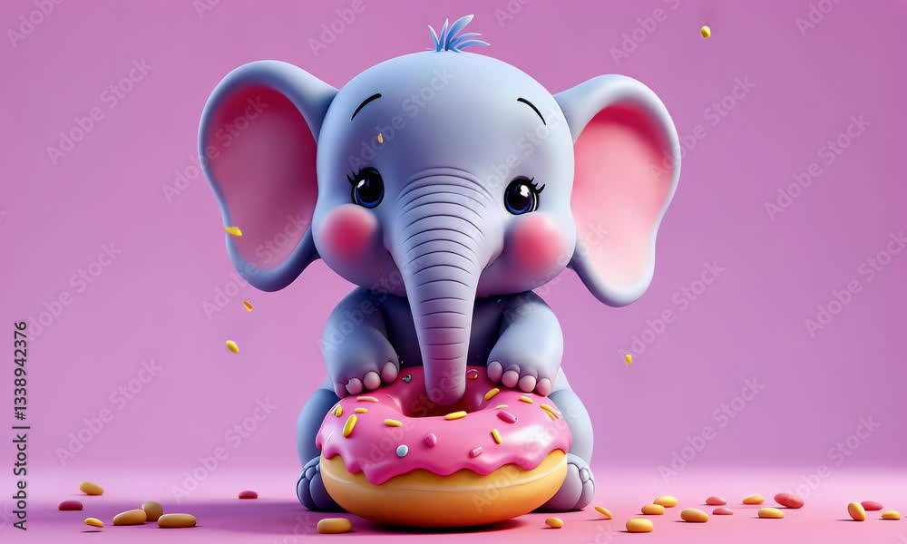 Adorable Baby Elephant Cartoon Character Enjoying Pink Donut on Pink Background