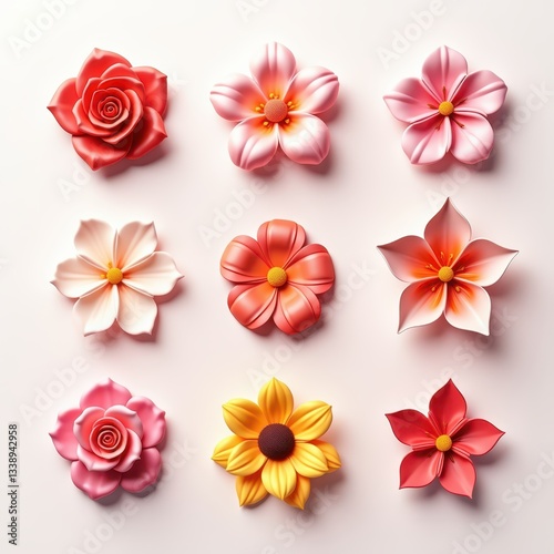 Decorative sugar flowers arranged on a white background for cake decoration or crafting