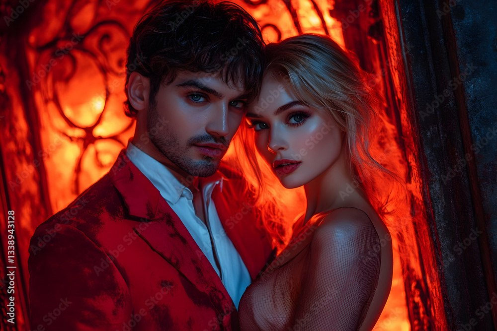 Close-up portrait of a romantic couple embracing, bathed in warm red light against a dramatic background Close-up portrait of a romantic couple embracing, bathed in warm red light against a dramatic background