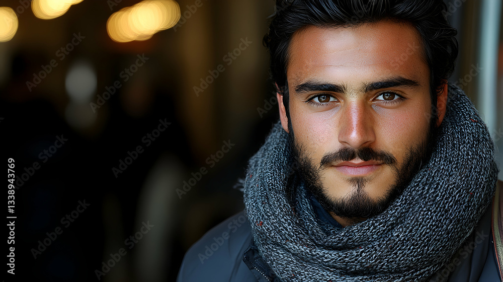 Close-up portrait of a young man with dark hair and beard, wearing a scarf Close-up portrait of a young man with dark hair and beard, wearing a scarf