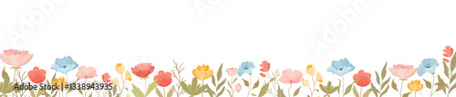 Horizontal white banner or background with beautiful colorful flowers and leaves. Spring, summer botanical flat vector illustration on white background for banners, flyers, invitations, posters	