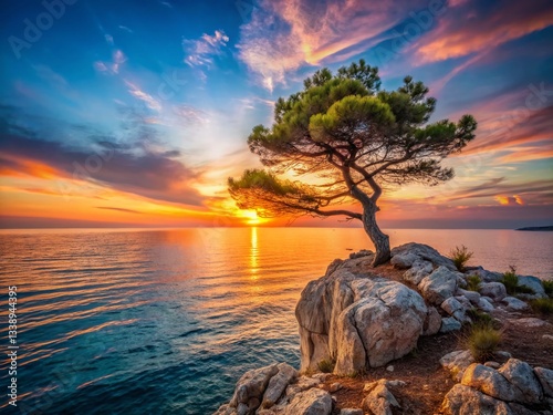 Majestic Croatian Coastline: Lone Tree Rising Above Adriatic Sea