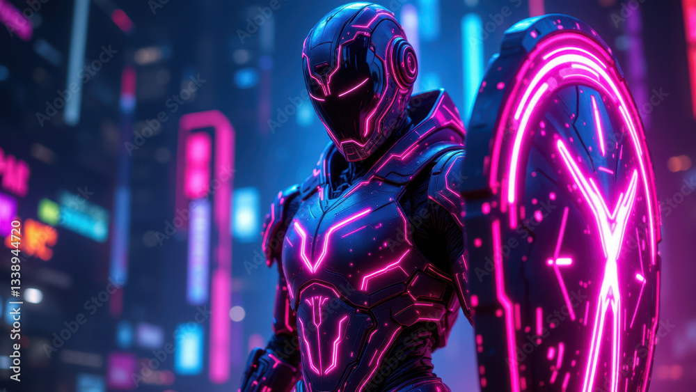 Naklejka premium Futuristic cyber armor against cityscape backdrop.
