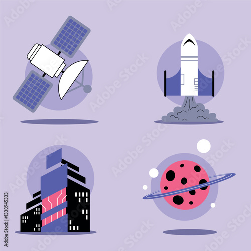 Collection of various aspects of space exploration, including satellite, rocket launch, futuristic building, and colorful planets in vibrant setting