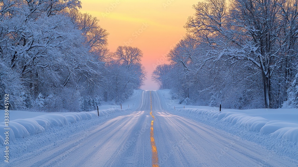 Obraz premium Serene Winter Highway Under Snowy Cover at Dusk