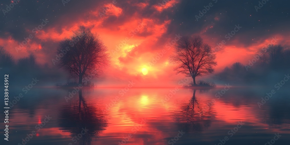Fototapeta premium Crimson Sky over Still Waters: The sun sets ablaze, painting the sky in fiery hues of red and orange, reflected in a serene lake that mirrors the ethereal silhouettes of trees.