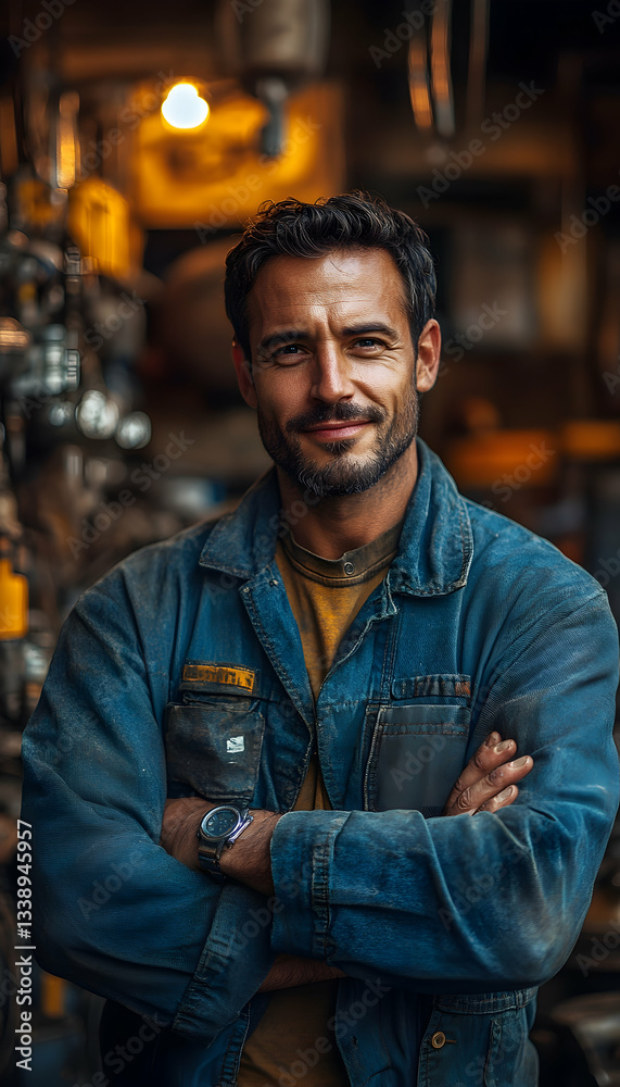 Confident man in blue work overalls, arms crossed, smiling slightly in a workshop Confident man in blue work overalls, arms crossed, smiling slightly in a workshop