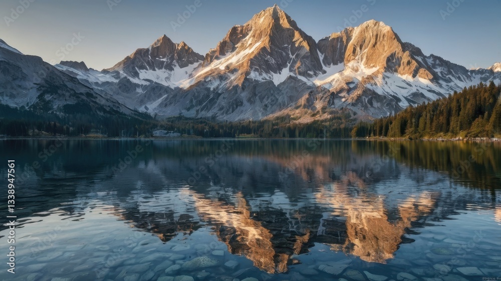 Fototapeta premium Stunning Alpine Lake with Majestic Mountain Reflection at Sunrise