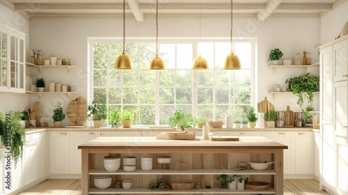Bright, airy kitchen with wooden island and plants