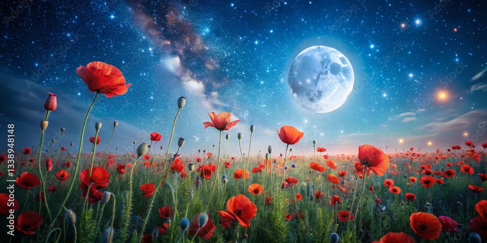 Fototapeta premium Magical Night in Poppy Field: Moonlit Meadow with Stars