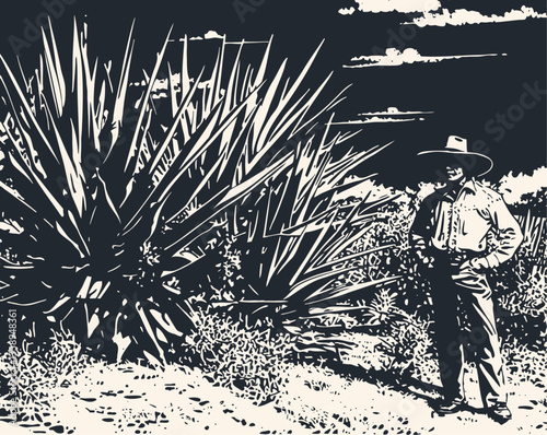 Vector illustration of a Mexican farmer working on an agave plantation in traditional clothing. Black and white vintage art style showing rural agriculture life with spiky agave plants.