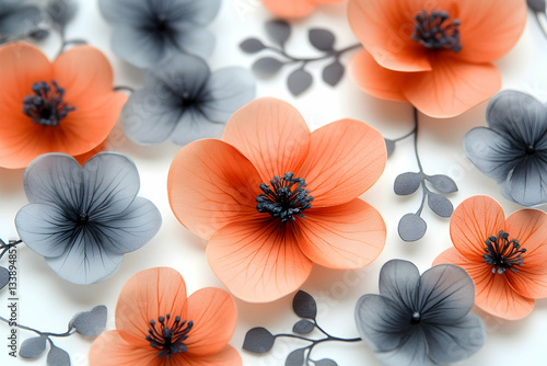 Delicate coral and gray paper flowers arranged on white background