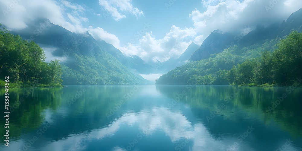 Mirror Lake Panorama: A serene and picturesque panorama captures a calm lake reflecting the majestic mountain range, embraced by a blanket of clouds and lush greenery. Mirror Lake Panorama: A serene and picturesque panorama captures a calm lake reflecting the majestic mountain range, embraced by a blanket of clouds and lush greenery.