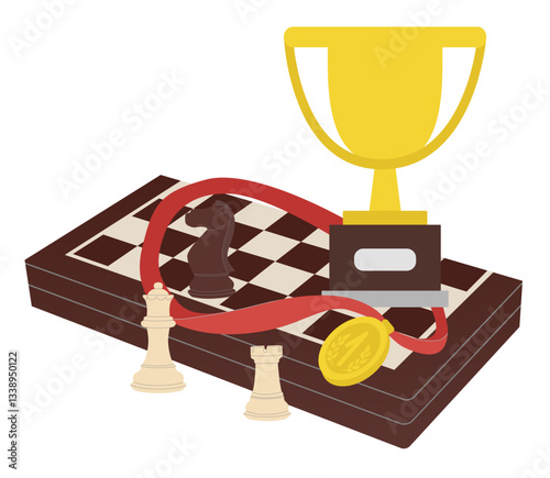 School. Kids school vector flat illustration sports prize, medal and chess.