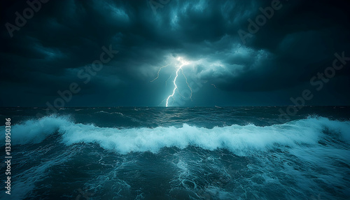 Dramatic ocean storm with lightning striking