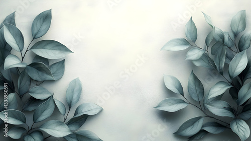 Dusty blue leaves frame a light gray background