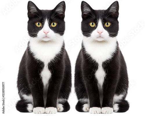 Two symmetrical tuxedo cats sitting side by side, showcasing their striking black and white fur and bright eyes. Their calm demeanor adds charming touch to any setting