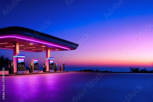 Futuristic gas station illuminated with neon lights at sunset on the coast