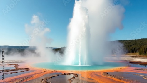Majestic Yellowstone Geyser Eruption Vibrant Geothermal Pool and Steam Plume Landscape