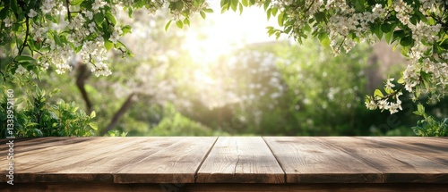 Fresh wooden table in a vibrant garden filled with blooming flowers and sunlight.