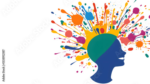 Mental health and creativity abstract concept with a vibrant, colorful human head silhouette, symbolizing emotional well-being, psychological balance, and artistic expression.
